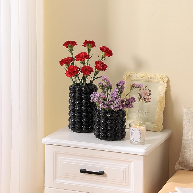 Black Bubble Vases, Black Ceramic Vases Set of 2, Boho Flower Vase for Pampas Grass, Decorative Vase for Dining Table, Wedding, Fireplace Mantel, Office, Wedding