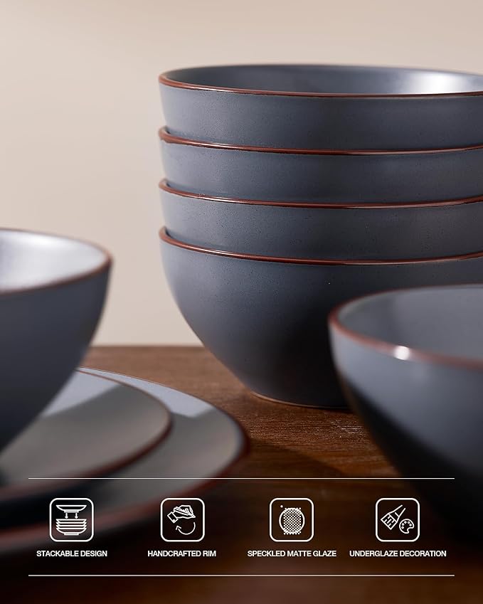 Famiware Venus Plates and Bowls Sets, 18 Pieces Stoneware Speckled Dishes Dinnerware Set for 6, Matte Charcoal - Microwave & Dishwasher Safe, Modern Minimalist, for Everyday Meals & Formal Dining