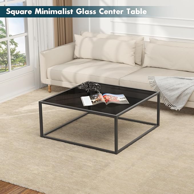 SAYGOER Black Glass Coffee Table Small Modern Coffee Tables 26.7in Square Tempered Glass-Top Accent Center Table for Living Room Home Office with Black Metal Frame Easy Assembly