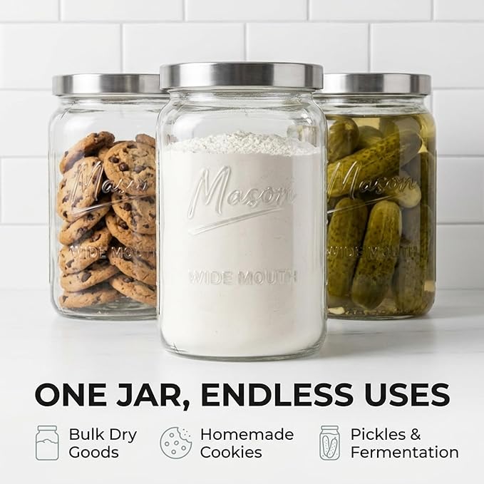 1 Gallon Glass Jars with Lids - Extra Large Mason Jars Wide Mouth with Airtight Metal Screw On Lids - Square Glass Storage Containers with Measurements for Flour, Sugar, Cookies & Pickling, 2 Pack