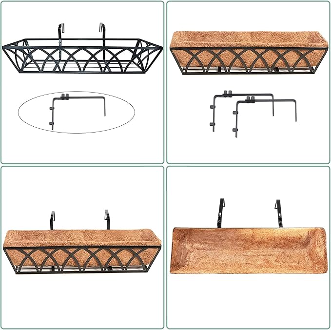 24 Inch Railing Planter Box with Coco Liner, Adjustable Metal Window Box, Hanging Flower Planter Outdoor, for Balcony Deck Fence Garden, Black, Set of 2