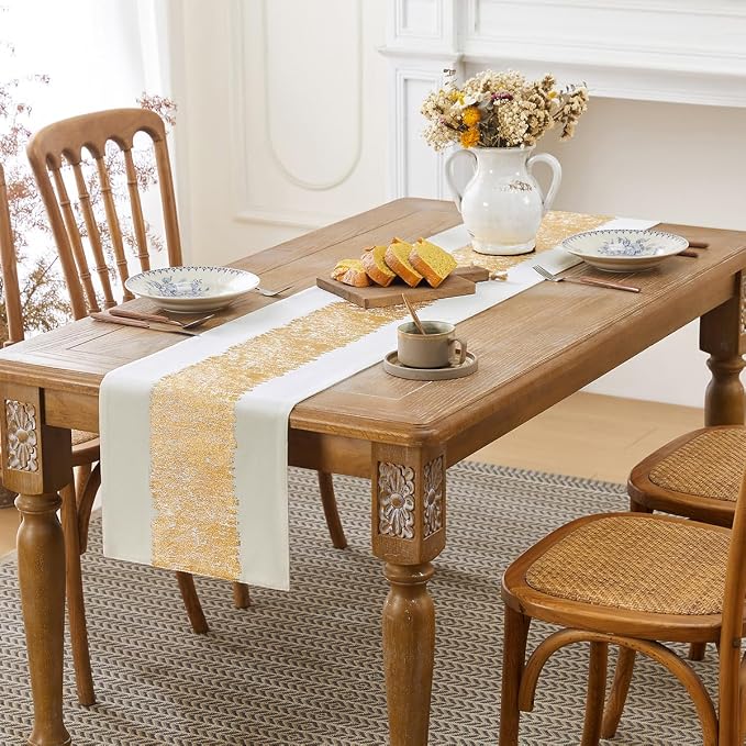 Metallic Style Table Runner, Cotton and Linen Gold Table Runners 90 inches Long,Pre-Pressed Metal Striping Process, Birthday Wedding Decorations for Home Living Room Decor(Gold, 13"x90")