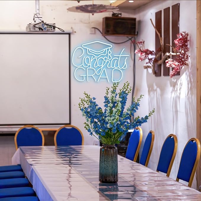 “Congrats Grad” Ice Blue Neon Sign – 16.5×12.6 in Unique Aqua-Tone LED Light for Med School & Engineering Grads, Dimmable with Wired Controller, Includes Wall Anchors – Class of 2026