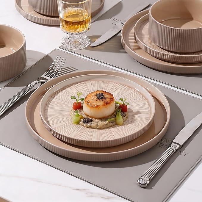 Dinnerware Sets for 4, Ceramic Plates and Bowls Set 12 Piece Dinnerware Chip Resistant Stoneware with Advanced Inkjet Printing Technology, Dishwasher and Microwave Safe-Dusty Brown