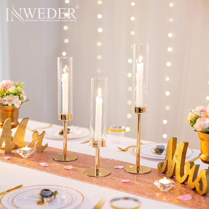 Hurricane Taper Candle Holders: Gold Glass Candlestick Holder Tall Candle Sticks Holder Decor with Glass Cover for Wedding Table Centerpiece Party Birthday Christmas Home Mantel Set of 3
