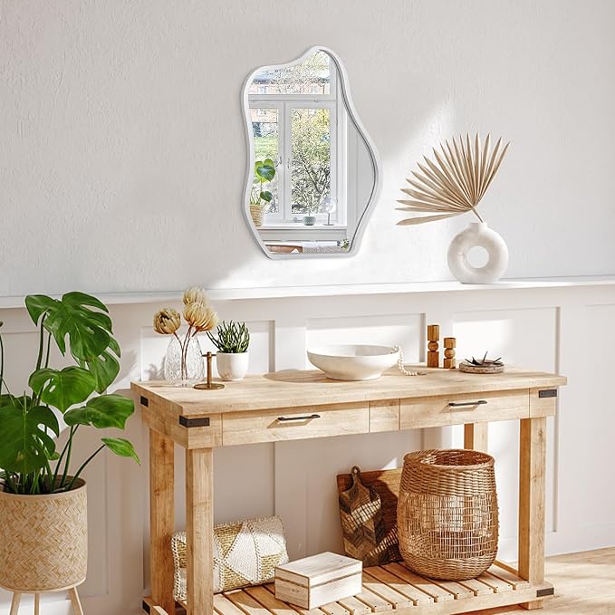 Modern Asymmetrical Mirror Unique Irregular Wooden Framed Mirror for Wall Hanging Mirror Artistic Cloud Shape Wall Mirror Decor Bathroom Bedroom Living Room Entryway Hallway Small