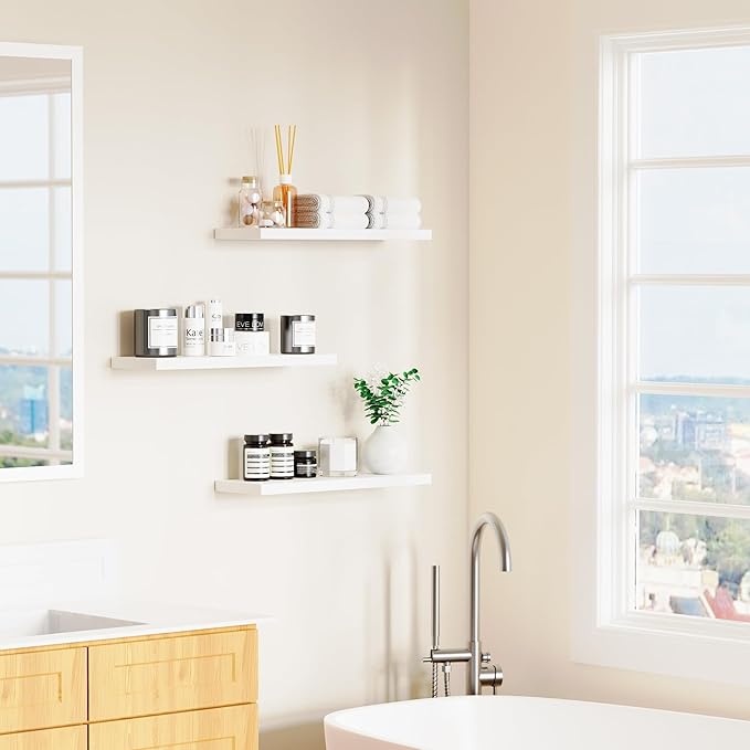 3-Pack 24" White Modern Wooden Floating Shelves, Wall Mounted, Set of 3, 6.7" W x 24" L x 1" H, 25lbs Load Capacity Each, Perfect for Bathroom, Kitchen, Living Room, Bedroom