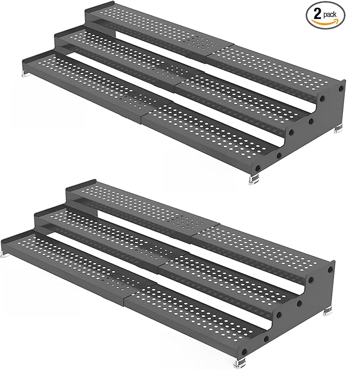 Expandable 3-Tier Metal Spice Rack, Heavy Duty Kitchen Step Shelf Organizer for Cabinet, Pantry & Countertop, Non-Slip Storage for Spices, Perfumes & Collectible Figures(GREY,2PACK)
