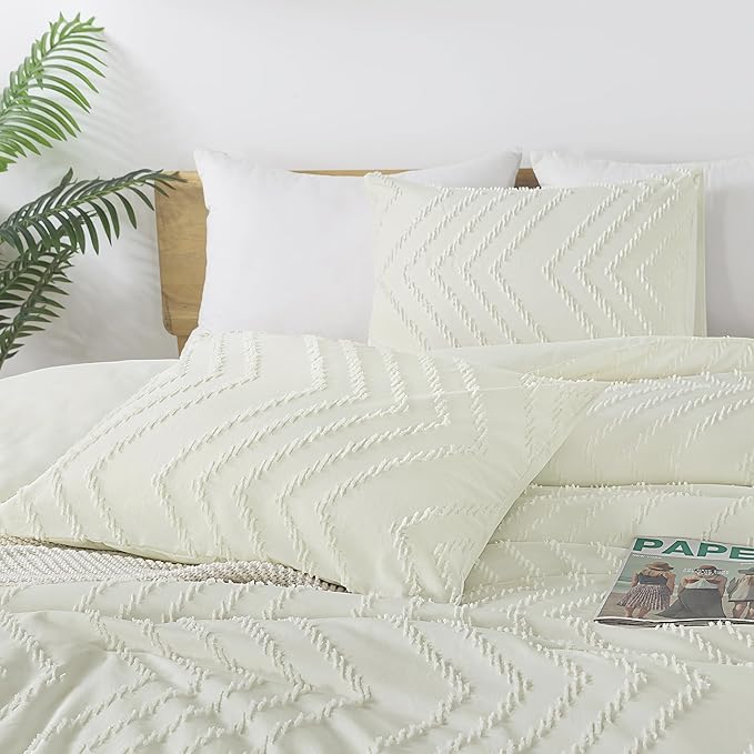 Andency Ivory California King Comforter Set, Boho Cal King Soft Warm Tufted Neutral Bedding Comforter Sets, 3 Pieces Cali King Aesthetic Chevron Farmhouse Cute Bohemian Textured Bedding Set