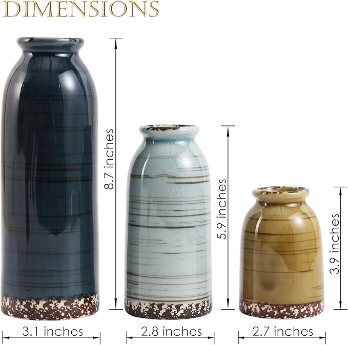 Joeabor Ceramic Vase Set of 3 - Handcrafted Ceramic Vases for Home Decor & Shelf - Modern Farmhouse Decor for Kitchen, Office, Bedroom & Living Room Decorative Objects for Mantel, Table Centerpieces