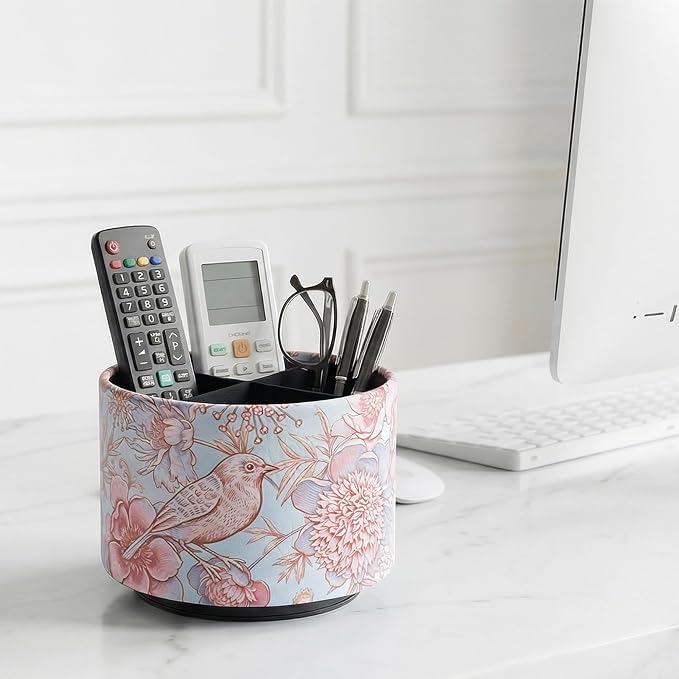Round Leather Art Supply Organizer,Remote Control Holder,360 Degree Spinning,Multi-Functional Pencil Holder,4 Compartments Desktop Stationary Organizer(1-Pink Blue Bird)