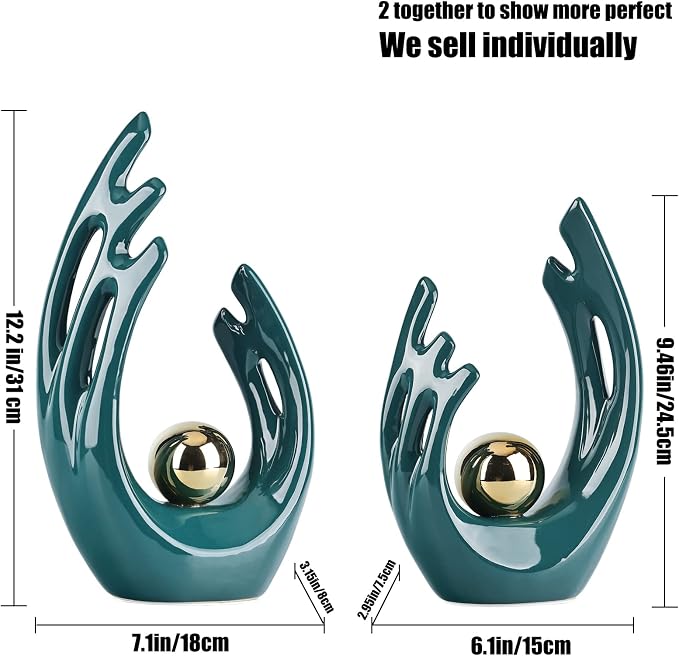 LCCCK 12" H Teal Gold Aesthetic Room Decor Accent, TV Stand Funky Table Centerpiece, Abstract Art Ceramic Statue and Sculpture, Teal Decor for Living Room, Bookshelf Decorative Objects, Shelf Decor