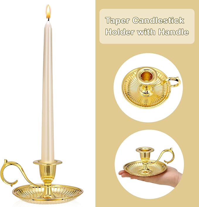 OwnMy 1 Vintage Candlestick Holder Decor, Antique Brass Taper Candle Holder with Carry Handle and Candle Drip Catcher Tray, Eleagnt Taper Candle Stand for Wedding Dining Table Centerpiece, Gold