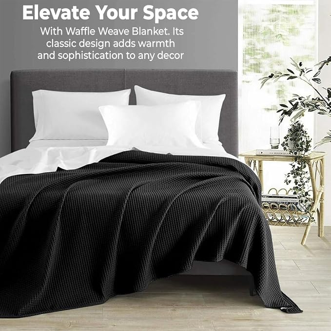 100% Cotton Blankets for Bed - Waffle Weave Blankets for Summer, Lightweight and Breathable Soft Woven Blanket for Spring (Black, Queen (90" x 90"))