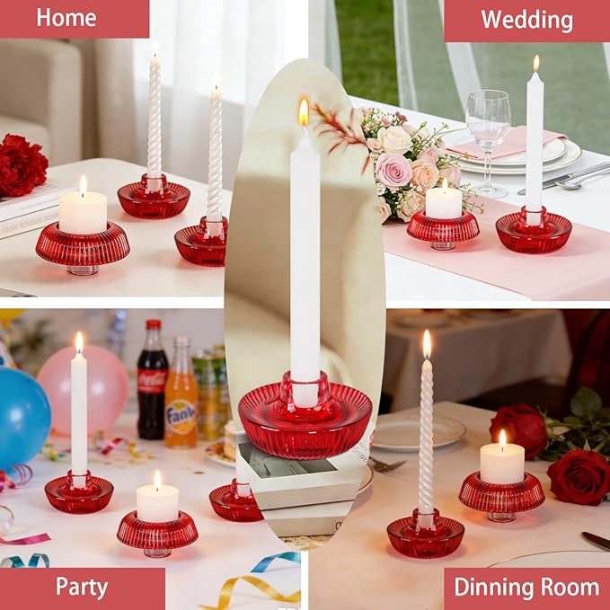 Mushroom-Shaped Candle Holders Set of 4 for Table Centerpiece, Glass Tealight Candlestick Holder for Wedding Party Decor, Vintage Tea Lights Candle Holder for Home Decoration (Red)