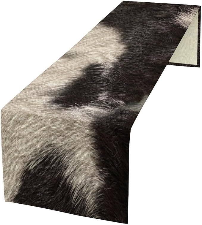Cowhide Table Runner Black and White Milk Cow Western Style 3D Cow Fur Skin Texture Table Runner for Living Room Kitchen Dining Table Decoration 13x70in