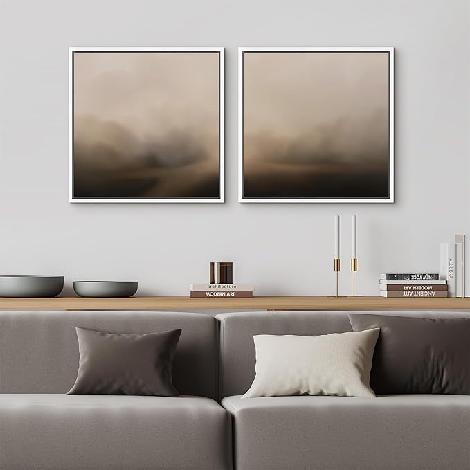 SIGNFORD Framed Canvas Print Wall Art Set Neutral Foggy Landscape Soft Beige and Brown Abstract Illustrations Modern Art Minimal Relax/Calm for Living Room, Bedroom, Office - 16"x16"x2 White