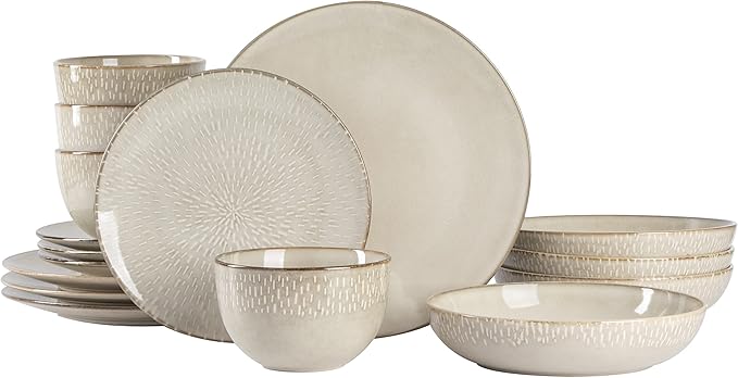 Gibson Elite Matisse 16-Piece Double Bowl Dinnerware Set – Service for 4, Taupe Stoneware Plates and Bowls