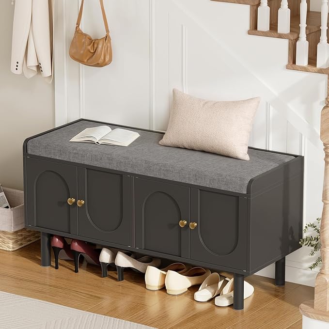 Shoe Storage Bench Set of 2, 2-Tier Entryway Bench with Cushion, 15" D x 39.4" W x 19.7" H, Shoe Cabinet Bench with 4 Doors and Adjustable Shelves, for Entryway, Hallway, Bedroom, Black