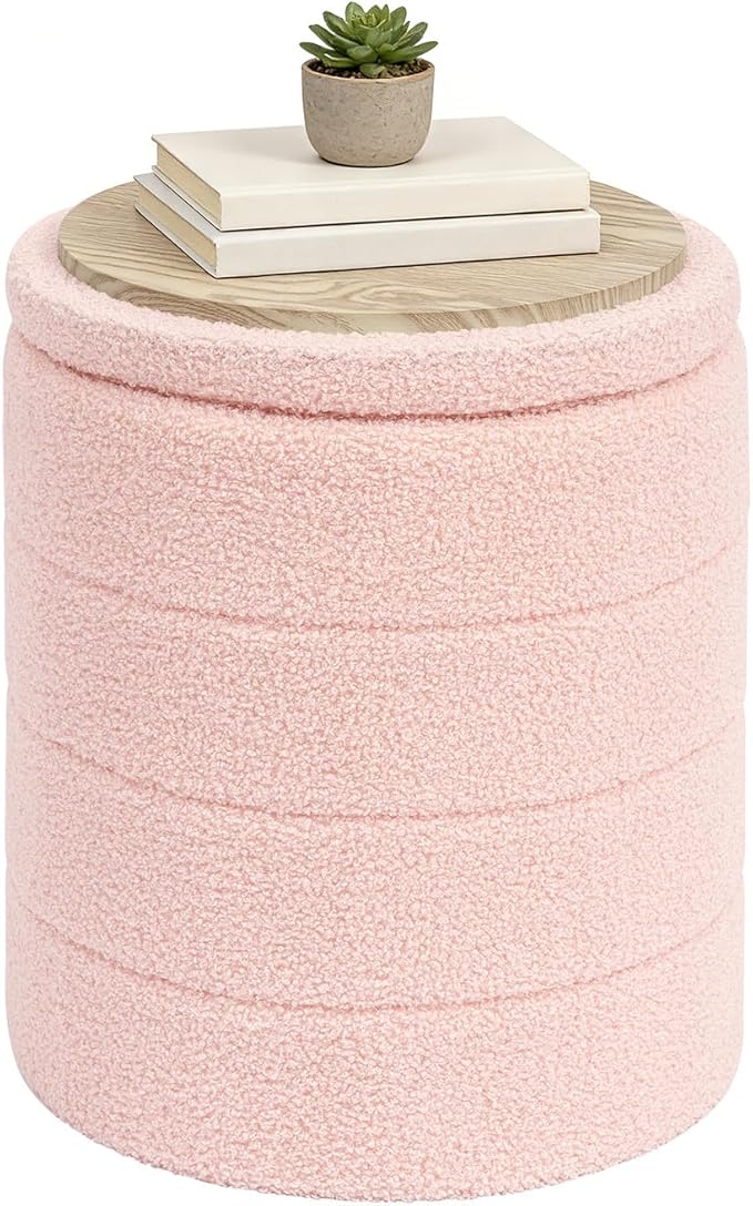 14.5" Round Storage Ottoman,Boucle Sherpa Ottoman with Tray, Faux Teddy Foot Rest Coffee Table for Bedroom Dorm Living Room,Pink