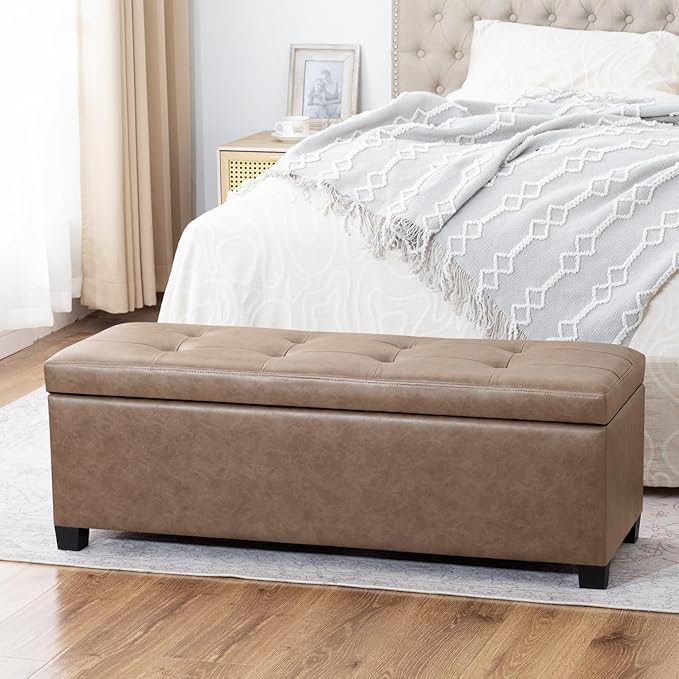 Homebeez 42" Faux Leather Storage Ottoman,End of Bed Bench,Upholstered Ottoman Bench with Storage for Living Room,Bedroom,Entryway