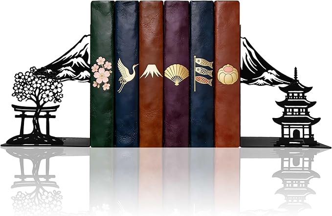 Matte Black Iron Decorative Bookends for Shelves, Fuji Mountain Sakura Design Book Ends Decorative, Book Ends for Heavy Books, Unique Bookends for Home Office Shelves, 7.9 x 1.2 x 5.9 Inches