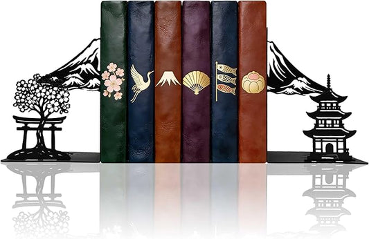 Matte Black Iron Decorative Bookends for Shelves, Fuji Mountain Sakura Design Book Ends Decorative, Book Ends for Heavy Books, Unique Bookends for Home Office Shelves, 7.9 x 1.2 x 5.9 Inches