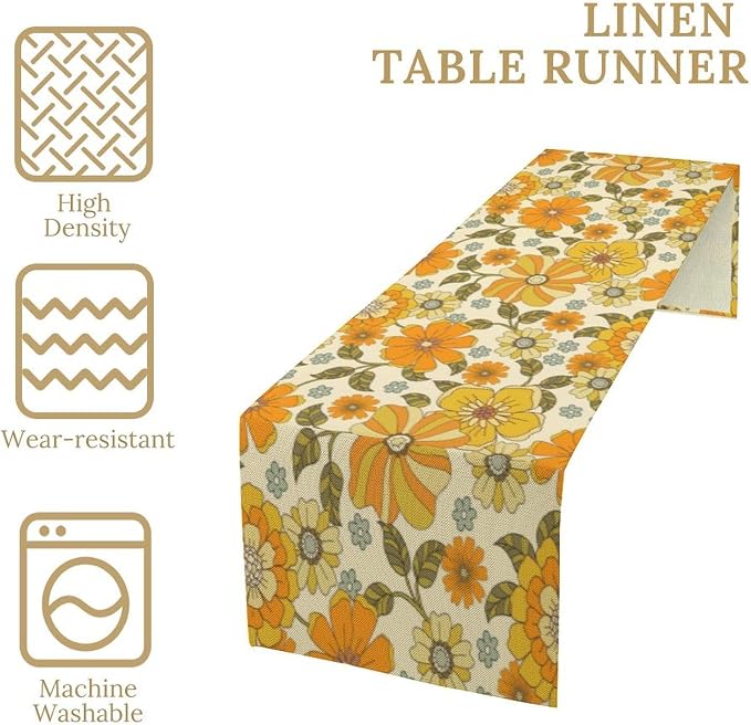 Vintage 60s 70s Floral Table Runner Boho Retro Daisy Flower Hippie Groovy Mid Century Dinner Runner for Home Kitchen Dining Table Party Holiday Decor 13"x70"