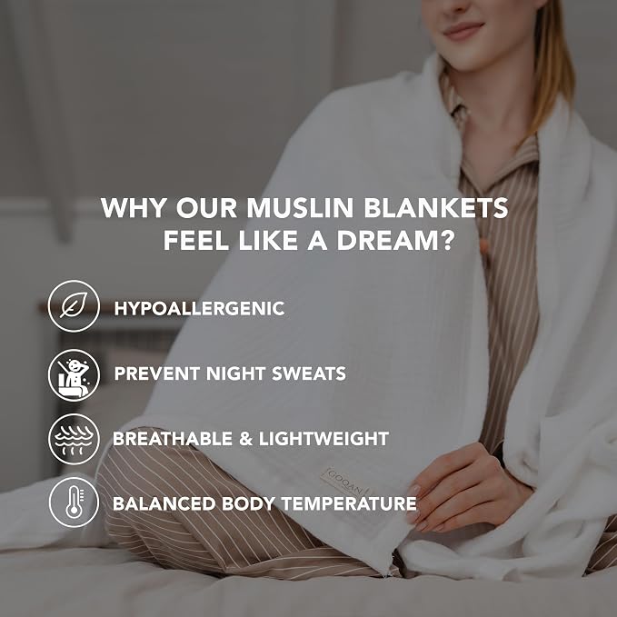 Goqan Muslin Blanket Queen 79x90 – 100% Turkish Cotton 4 Layer Boho Muslin Blanket for Adults, Four Season, Lightweight and Thin, Soft, Breathable for Bed - White
