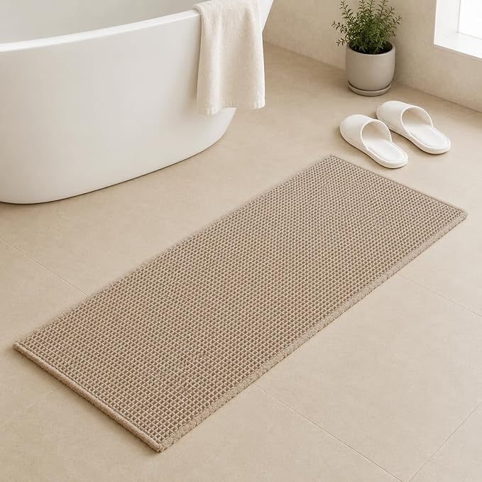Upgraded Waffle Bath Mat with Rubber Backing Non-Slip Boho Bathroom Rug with Tassels, Ultra Absorbent & Soft Woven Shower Mat, Machine Washable, Multi-Size Options (Beige, 24"×60")
