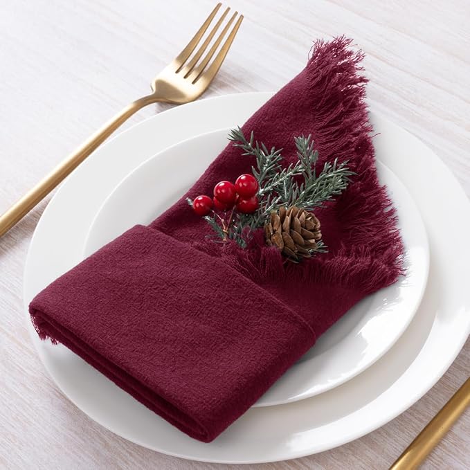 DeZerlor 6 Pack Burgundy Red Cotton Linen Napkins with Fringe Summer Cloth Napkins Set of 6 Boho Handmade Dinner Napkins Bulk for Wedding Bridal Baby Shower Parties, 17 x 17 Inches
