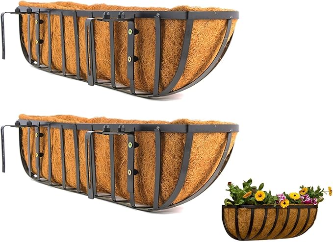 36 Inch Window Box Planters 2 Pack with Coco Liners, Rustproof Metal Hanging Flower Boxes for Outdoor Railing, Fence and Window Sill （2 Pack）