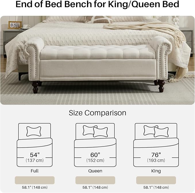 SOFTHION 58.1" Storage Bench Upholstered Linen End of Bedroom Bed Bench Ottoman with Tufted Cushioned Rolled Arm Large Storage Space for Reading Living Room Entryway, Beige