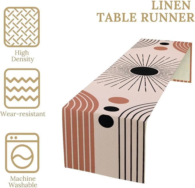Boho Sunburst Table Runner, Abstract Geometric Waves Sun Mid Century Modern Decor Table Runner for Kitchen Dining Home Party, 13x60 Inch