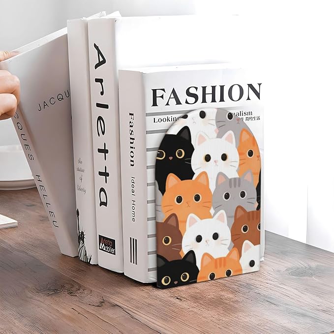 Colorful Cats Cartoon 2 Piece Decorative Bookends 6.7x4.2 in, Book Ends for Home Office Library Shelves Decor Room Kitchen Desktop