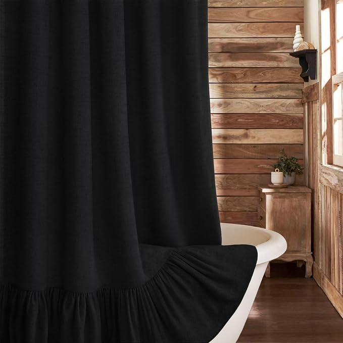 Farmhouse Shower Curtain with Ruffle Hem Linen Flax Black Shower Curtains for Bathroom Country Vintage Rustic Natural Fabric, 72" W x 72" L