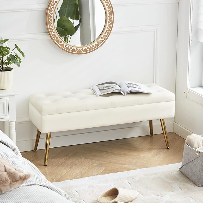 Bench for Bedroom Storage Ottoman Bench with Storage for End of Bed Entryway Cream Velvet