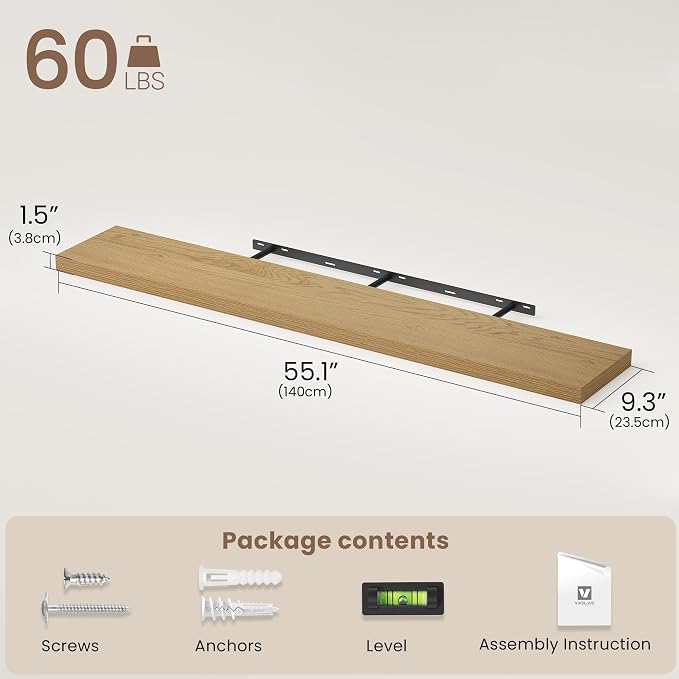 Vivelove 55 Inch Floating Shelves for Wall, 55x9 Display Shelves for Bathroom Living Room Kitchen Bedroom Office Farmhouse Home Decor - Set of 2, Oak