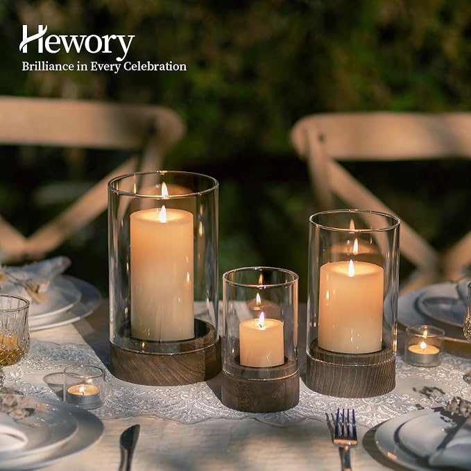 Hewory Hurricane Glass Candle Holder : Set of 3 Rustic Brown Candle Holders for Pillar Candles, Vintage Decorative Wood Stand with Clear Glass for Weddings,Christmas,Table Centerpiece,Home Decor