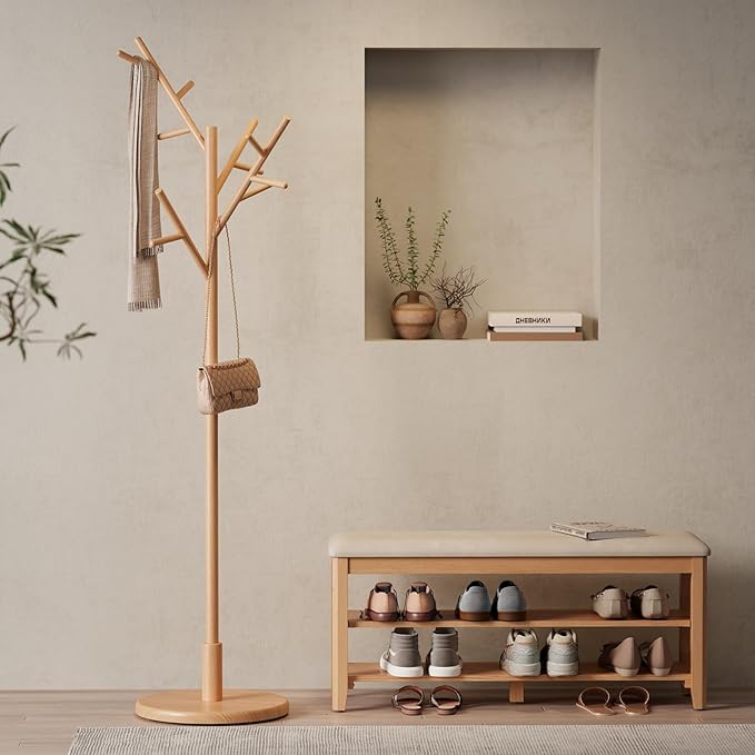 Muwuele Coat Rack,Solid Wood Coat Rack Freestanding with 12 Hooks,Coat tree freestanding 3 Adjustable Heights for coat, Hats, Handbags，Coat Stand for Entryway,Bedroom (Natural)