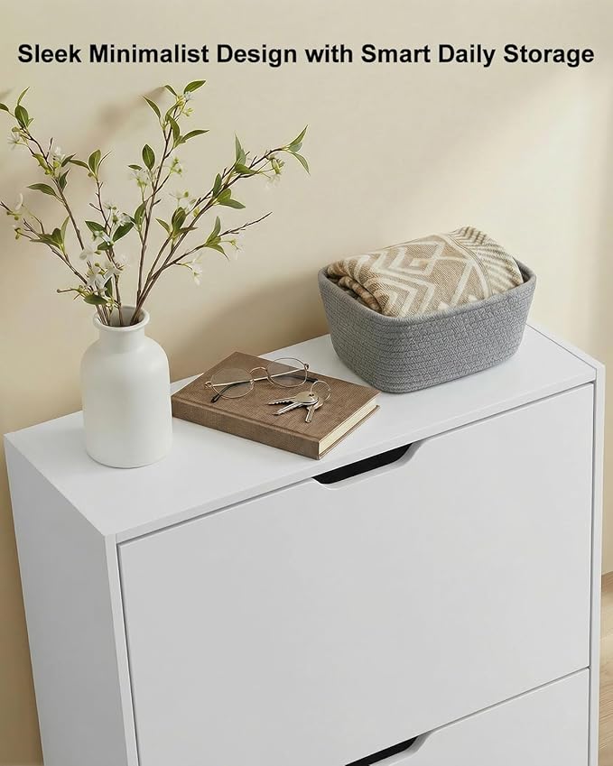 Shoe Cabinet Organizer with 2 Flip Drawers, Narrow Rack with Adjustable & Removable Shelves, Slim Shoe Storage for Entryway, Foyer, Hallway, White