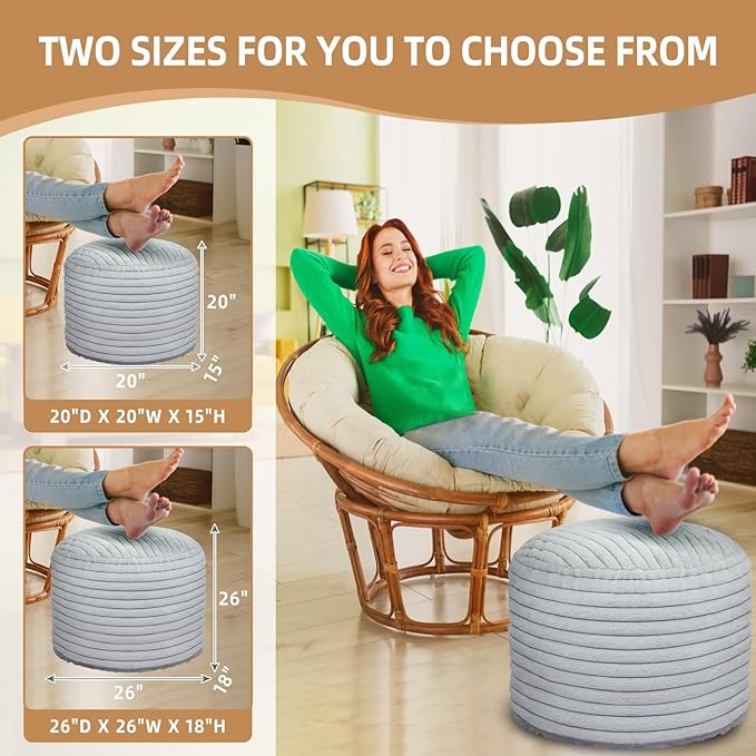 Round Stuffed Pouf Ottoman Foot Rest for Couch Round Ottoman with Foam Chunk Filling Stripe Faux Fur Ottomans for Living Room Floor (26"x18",Light Grey)