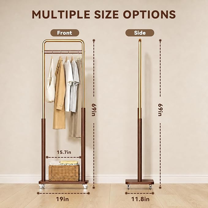Taitiy Clothes Rack Solid Wood Coat Rack, Metal and Solid Wood Combination Clothing Rack with Wheels for Entryway, Bedroom, Living Room, Coat Racks Freestanding for Hanging Clothes Garment Scarf