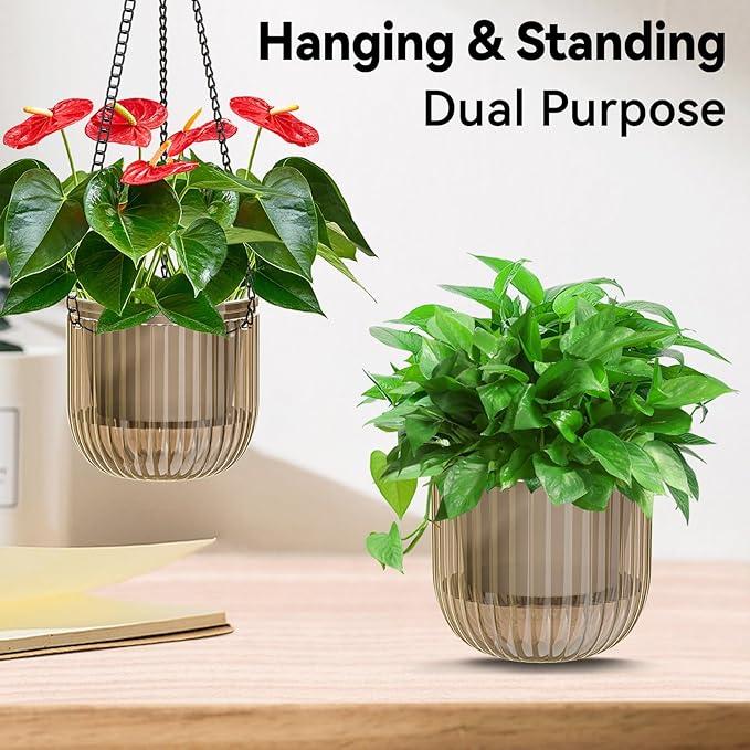 ZeeDix 3 Pack Self Watering Hanging Planters, 6.5 Inch Indoor Plant Pots with 3 Hooks Visible Water Level and Drainage for Home, Wall, Window Decor Outdoor Use(Starry Gray)