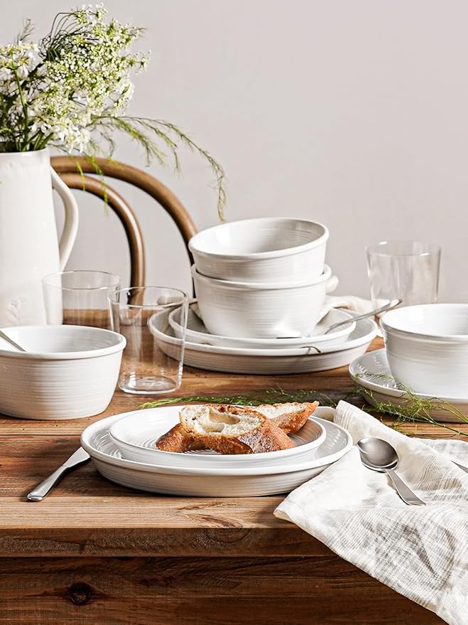 LE TAUCI Ceramic Plates and Bowls Set for 4, 12-Piece Ceramic Dinnerware Set, Farmhouse Dishes Set, Microwave & Dishwasher Safe, Stackable, 10" Dinner+8" Salad Plates+6" Bowls, White