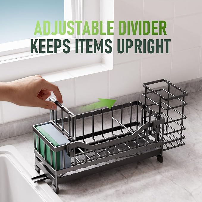 Sponge Holder for Kitchen Sink, Kitchen Sink Caddy with Long-Handled Dish Brushes Holder, 304 Rustproof Stainless Steel Countertop Organizers and Storage, Home Kitchen Sink Accessories (Black)