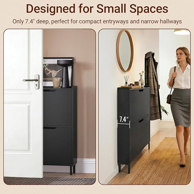 Haotian Slim Shoe Cabinet Entryway, Hidden Shoe Storage with Two Flip Drawers to Save Space, Freestanding Shoe Rack for Front Door, Entryway, Hallway (Black)