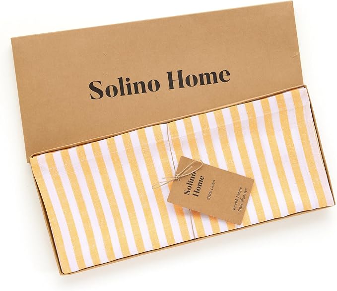 Solino Home Linen Table Runner 72 Inches Long - Amalfi Stripe, 100% Pure Linen Mustard and White Table Runner 14 x 72 Inch for Dining, Dresser, Summer