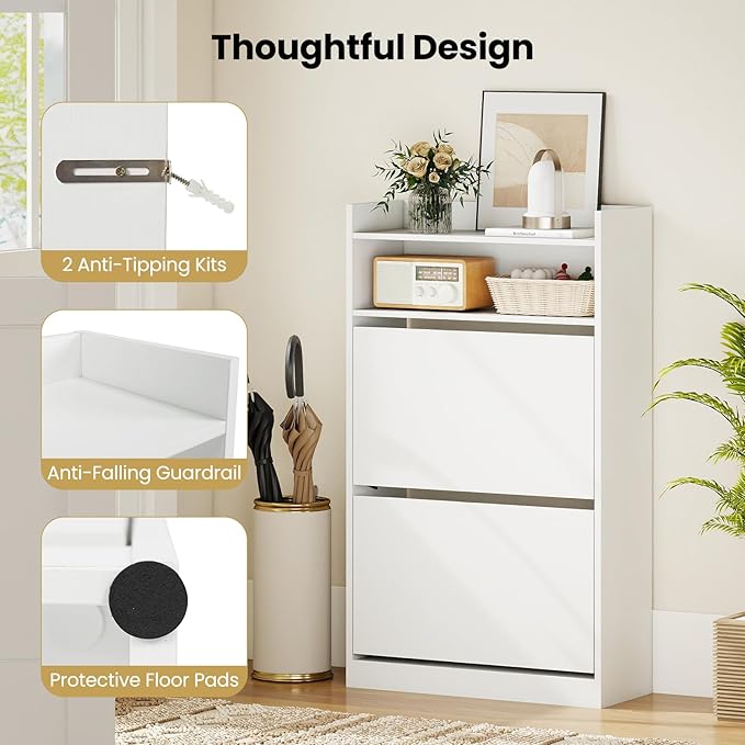 Giantex Shoe Cabinet with 2 Flip Drawers, Freestanding Hidden Shoe Rack Organizer Cabinet with 2 Open Shelves, Slim Shoe Storage Cabinet for Entryway, Hallway, Foyer, White