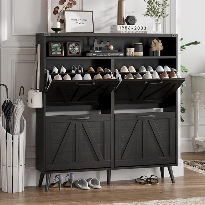 Halitaa Shoe Cabinet with 4 Flip Drawers,Farmhouse Shoe Storage Cabinet for Entryway,Narrow Freestanding Organizer Rack with Open Shelves for Foyer,Hallway,Black